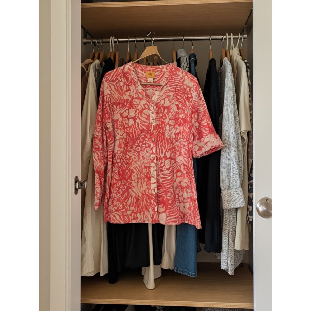 Ruby Red, Size 14, Pink Coral Abstract, Split Neck Tunic Blouse, Coastal, Resort